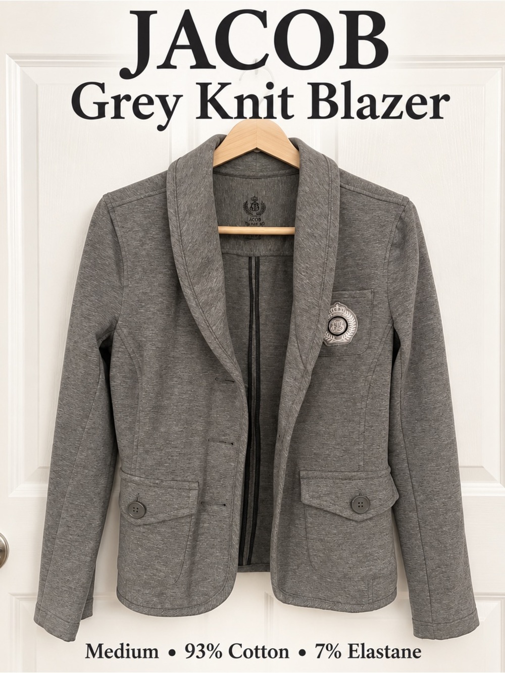 Jacob Grey Knit Blazer with Embroidered Crest Size Medium